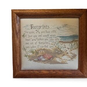 Vintage Finished Framed Cross Stitch Footprints in the Sand Needlepoint 8x9